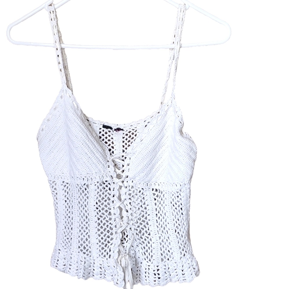 Y2K boho top loose knit lace-up white singlet size 10 - Picture 5 of 10
